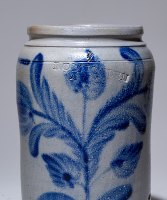 Exceptional Half-Gallon Stoneware Jar with Elaborate Cobalt Floral Decoration, Stamped 