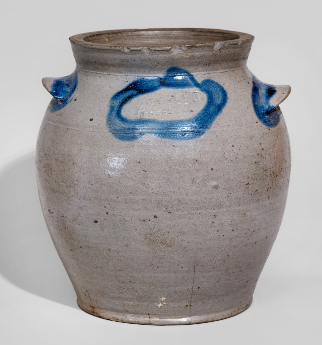 Exceedingly Rare One-Gallon Ovoid Stoneware Jar with Cobalt Decoration, Stamped 