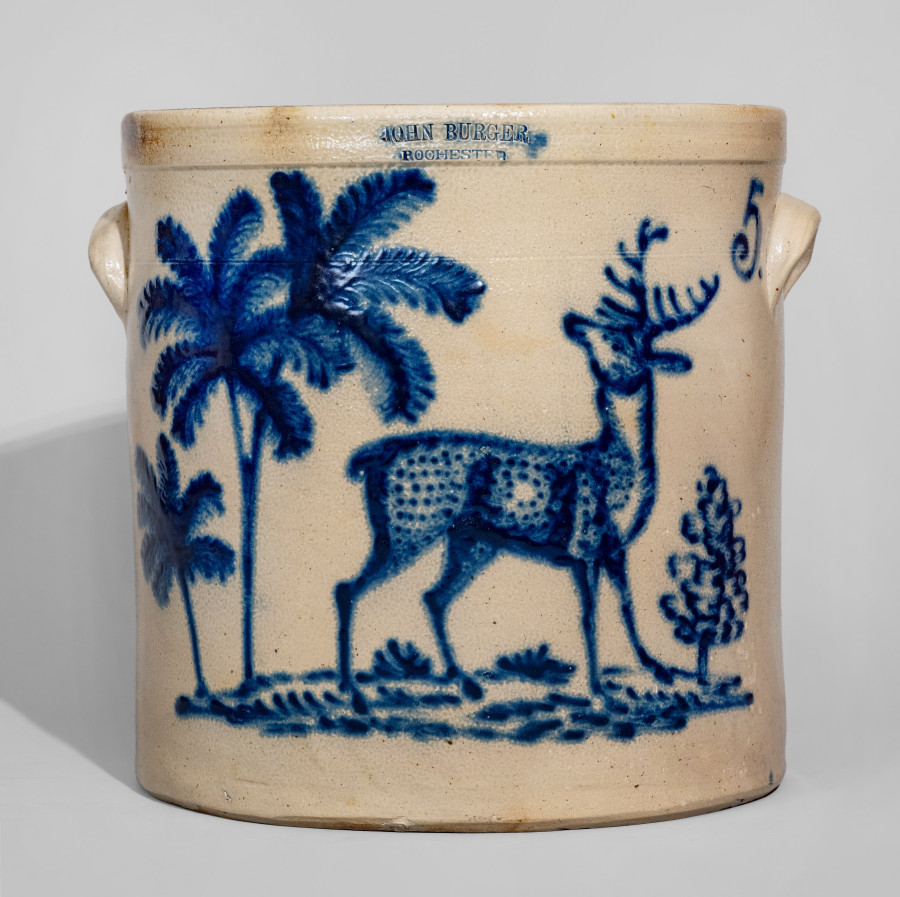 5 Gal. JOHN BURGER / ROCHESTER Stoneware Crock with Exceptional Deer Decoration