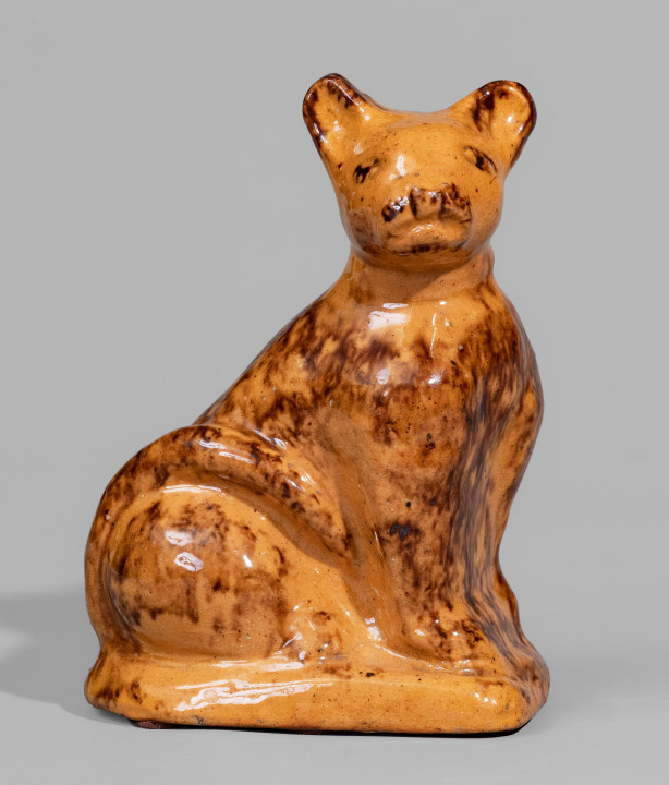 Rare and Fine Glazed Redware Figure of a Cat, attributed to John Bell, Waynesboro, PA, c1850-80