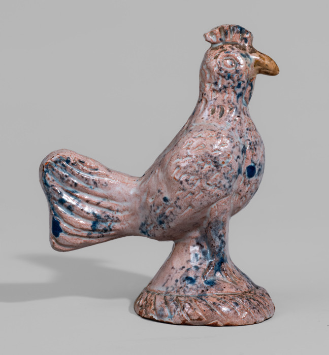 Exceptional Redware Tin-Glazed Rooster Figure att. John Bell, Waynesboro, PA