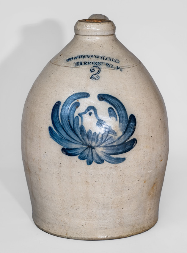 2 Gal. COWDEN & WILCOX / HARRISBURG, PA Stoneware Jug with Bird in Wreath Decoration