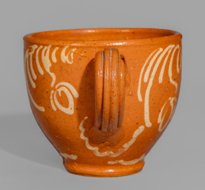Exceptional S. BELL & SON / STRASBURG Large-Sized Redware Handled Cup with Floral Decoration