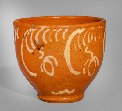 Exceptional S. BELL & SON / STRASBURG Large-Sized Redware Handled Cup with Floral Decoration