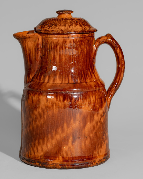 Exceptional JOHN BELL / WAYNESBORO Redware Lidded Coffee Boiler with Elaborate Manganese Decoration