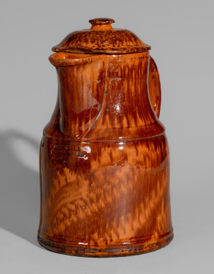 Exceptional JOHN BELL / WAYNESBORO Redware Lidded Coffee Boiler with Elaborate Manganese Decoration