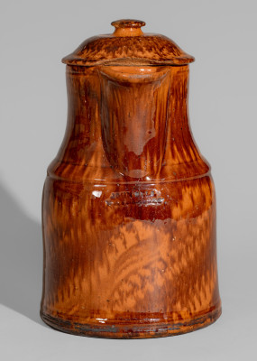 Exceptional JOHN BELL / WAYNESBORO Redware Lidded Coffee Boiler with Elaborate Manganese Decoration
