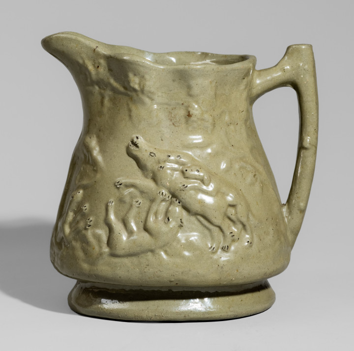 Fine JOHN BELL / WAYNESBORO Celadon-Glazed Hunt Scene Pitcher with Incised Details