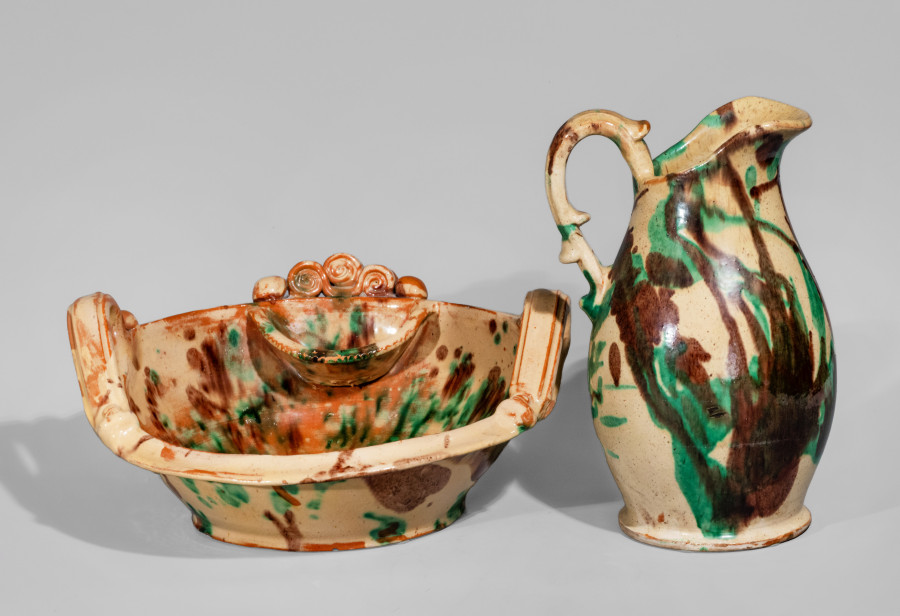 Multi-Glazed Shenandoah Valley Redware Pitcher and Washbowl Set, Strasburg, VA, c1890