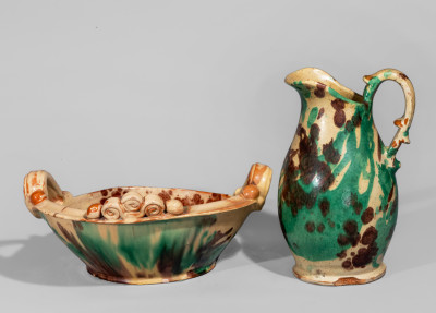 Multi-Glazed Shenandoah Valley Redware Pitcher and Washbowl Set, Strasburg, VA, c1890