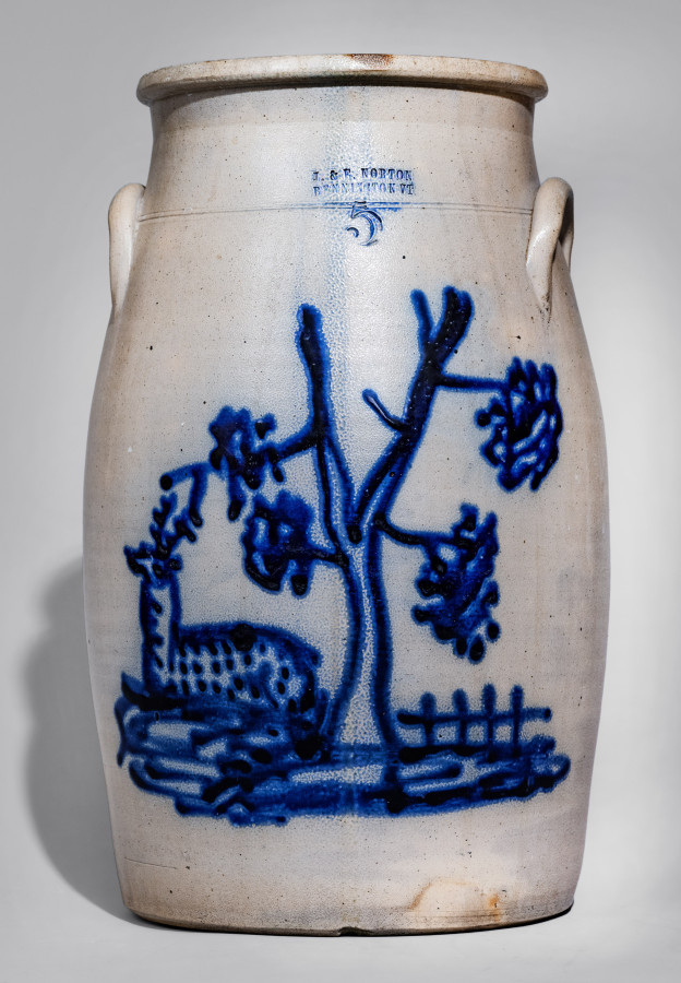 Outstanding 5 Gal. J. & E. NORTON / BENNINGTON, VT Stoneware Churn with Reclining Deer Scene