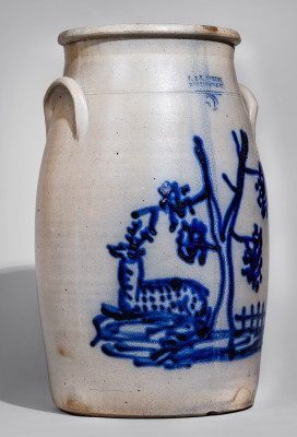 Outstanding 5 Gal. J. & E. NORTON / BENNINGTON, VT Stoneware Churn with Reclining Deer Scene