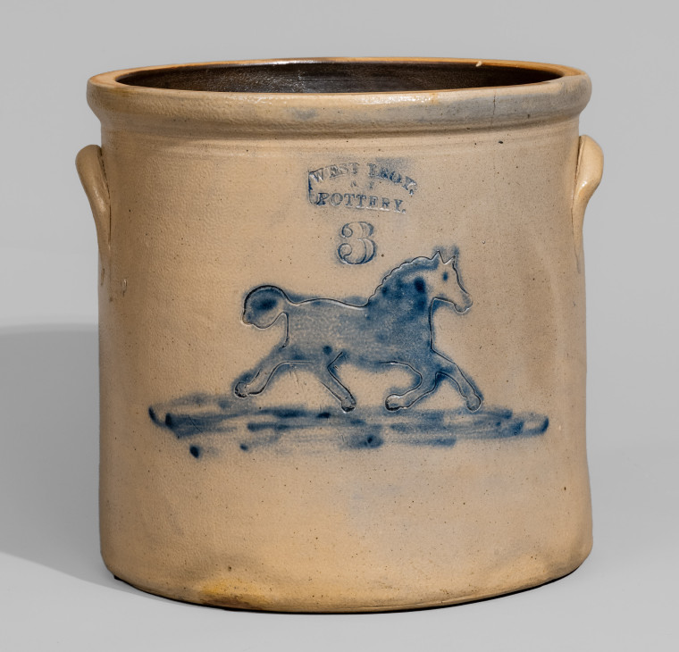 Rare 3 Gal. WEST TROY POTTERY Stoneware Crock with Running Horse Decoration