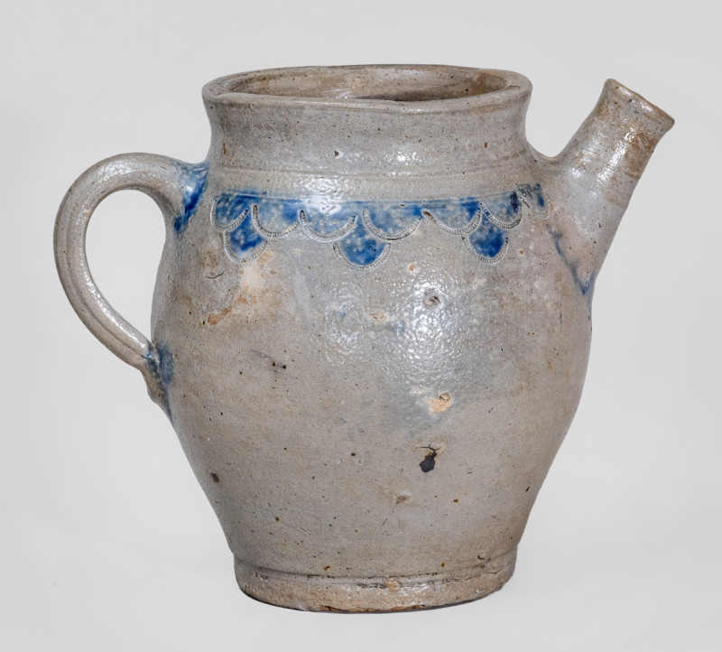 Manhattan / NYC Stoneware Spouted Vessel w/ Elaborate Impressed Drape Decoration, fourth quarter 18th century