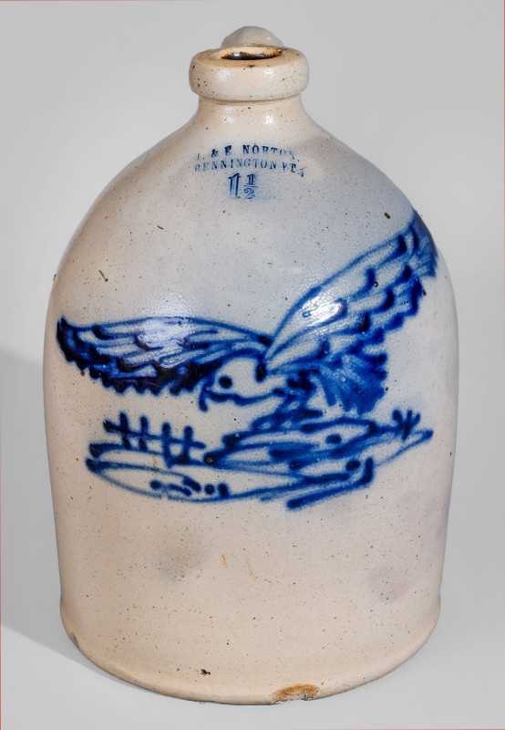 Rare and Fine 1 1/2 Gal. J. & E. NORTON / BENNINGTON, VT Stoneware Jug with Flying Hawk Decoration