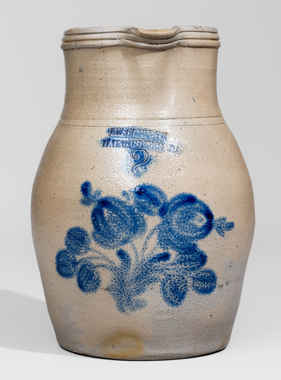 2 Gal. J. W. COWDEN / HARRISBURG, PA Stoneware Pitcher with Floral Decoration