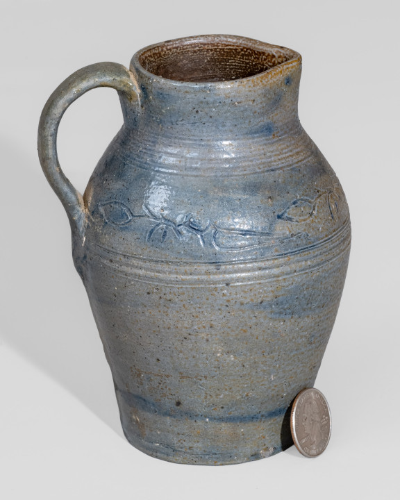 Exceptional Miniature Philadelphia, PA Stoneware Pitcher w/ Coggled Bird Decoration, Incised 