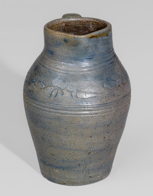 Exceptional Miniature Philadelphia, PA Stoneware Pitcher w/ Coggled Bird Decoration, Incised 