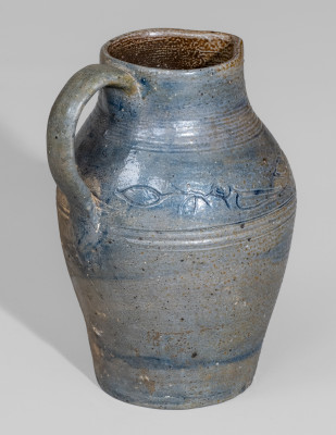 Exceptional Miniature Philadelphia, PA Stoneware Pitcher w/ Coggled Bird Decoration, Incised 