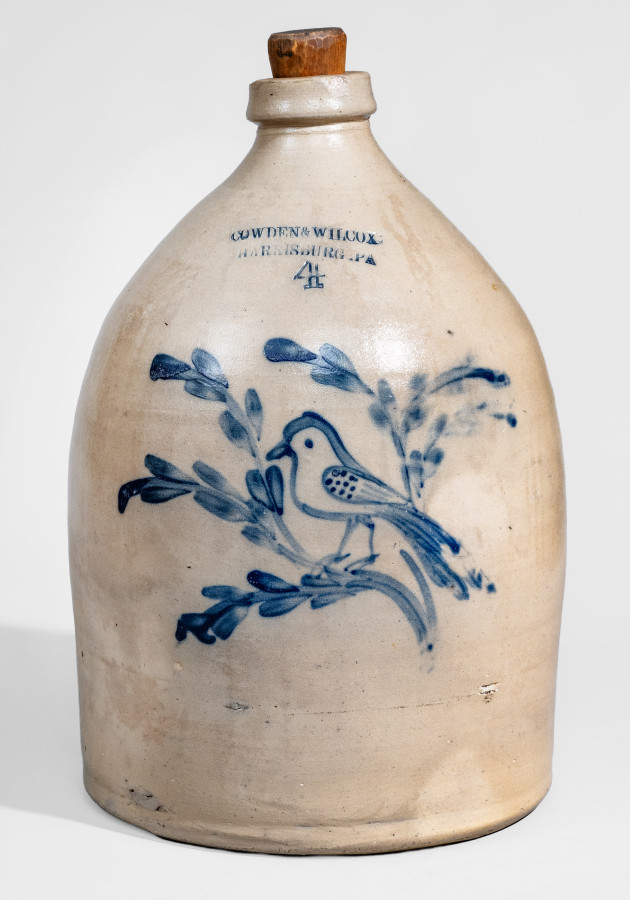 Four-Gallon Stoneware Jug with Cobalt Bird-on-Branch Motif, Stamped 
