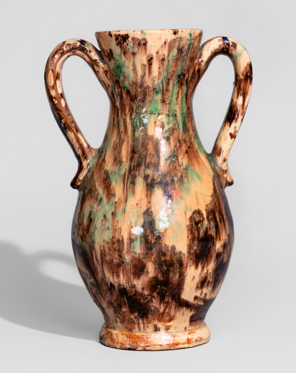 Rare and Important Shenandoah Valley Multi-Glazed Redware Vase, Stamped Twice 