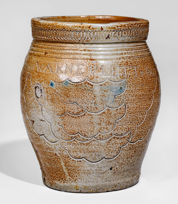 Exceptional WARNE & LETTs 1807 (South Amboy, NJ) Stoneware Jar w/ Elaborate Impressed Decorations - CROC-26 - TSMC
