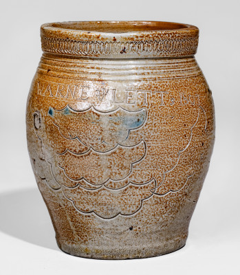 Exceptional WARNE & LETTs 1807 (South Amboy, NJ) Stoneware Jar w/ Elaborate Impressed Decorations - CROC-26 - TSMC