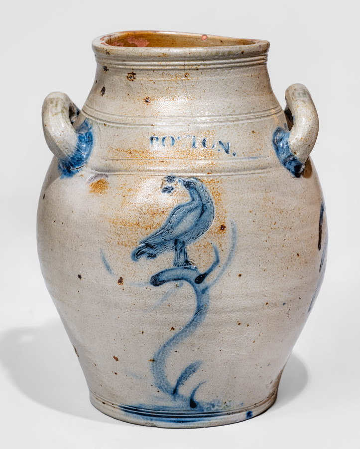 Extremely Rare and Important BOSTON Stoneware Jar w/ Bird-in-Tree Motif, Jonathan Fenton, late 18th century - CROC-34