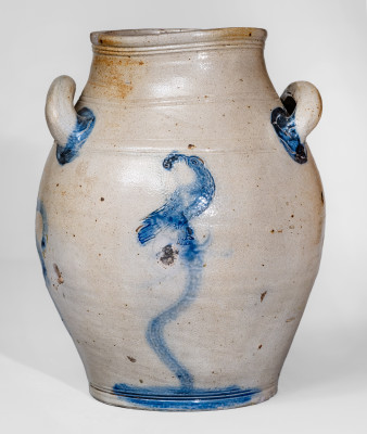 Extremely Rare and Important BOSTON Stoneware Jar w/ Bird-in-Tree Motif, Jonathan Fenton, late 18th century - CROC-34