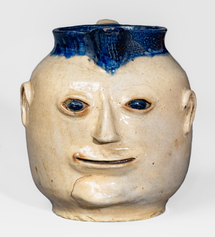 Extremely Rare and Important Cobalt-Decorated Stoneware Face Pitcher, Hilton Pottery, Marion, NC, c1935 - CROC-39