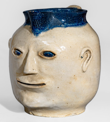 Extremely Rare and Important Cobalt-Decorated Stoneware Face Pitcher, Hilton Pottery, Marion, NC, c1935 - CROC-39
