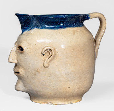Extremely Rare and Important Cobalt-Decorated Stoneware Face Pitcher, Hilton Pottery, Marion, NC, c1935 - CROC-39