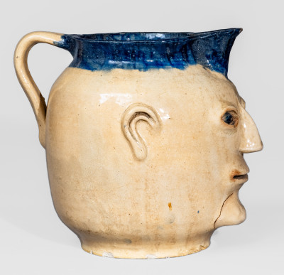 Extremely Rare and Important Cobalt-Decorated Stoneware Face Pitcher, Hilton Pottery, Marion, NC, c1935 - CROC-39