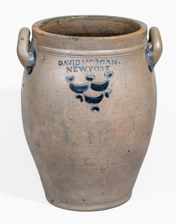 Rare DAVID MORGAN / NEW YORK Stoneware Jar with Impressed Hearts and Swag Decoration