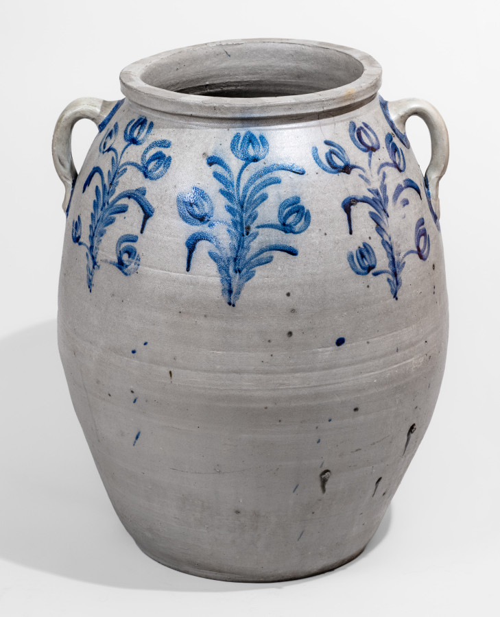 Important Thirty-Five Gallon Stoneware Jar with Open Handles and Cobalt Tulip Decoration att. Margaret Parr Pottery, Baltimore, MD, circa 1835-1840
