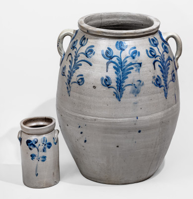 Important Thirty-Five Gallon Stoneware Jar with Open Handles and Cobalt Tulip Decoration att. Margaret Parr Pottery, Baltimore, MD, circa 1835-1840