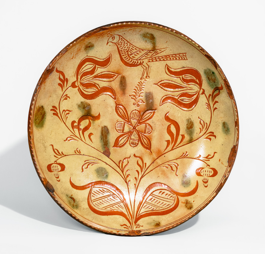 Outstanding Pennsylvania Sgraffito Redware Plate with Bird and Floral Decoration