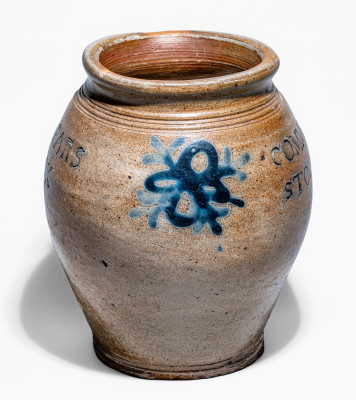 Exceedingly Rare and Important Small-Sized Stoneware Jar with Freehand Cobalt Floral Decoration, Stamped 