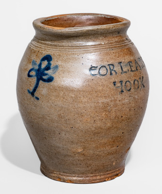 Exceedingly Rare and Important Small-Sized Stoneware Jar with Freehand Cobalt Floral Decoration, Stamped 