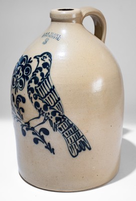 Exceptional J. & E. NORTON / BENNINGTON, VT Stoneware Jug w/ Elaborate Bird and Floral Decoration