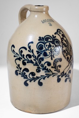 Exceptional J. & E. NORTON / BENNINGTON, VT Stoneware Jug w/ Elaborate Bird and Floral Decoration