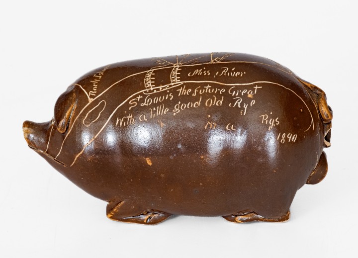 Anna Pottery Pig Flask w/ Incised Railroad Map, Dated 1890