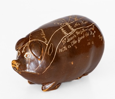 Anna Pottery Pig Flask w/ Incised Railroad Map, Dated 1890