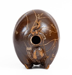 Anna Pottery Pig Flask w/ Incised Railroad Map, Dated 1890