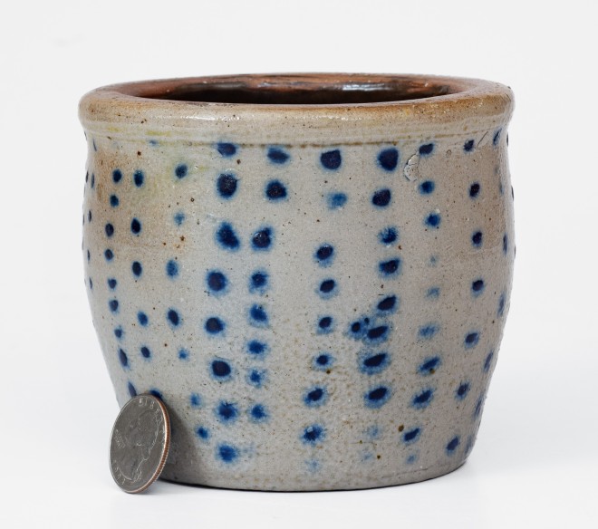 Rare Diminutive Ohio Stoneware Jar w/ Profuse Cobalt Spot Decoration