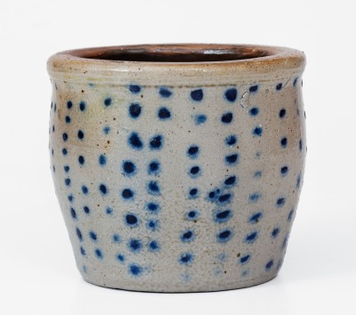 Rare Diminutive Ohio Stoneware Jar w/ Profuse Cobalt Spot Decoration