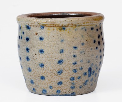 Rare Diminutive Ohio Stoneware Jar w/ Profuse Cobalt Spot Decoration