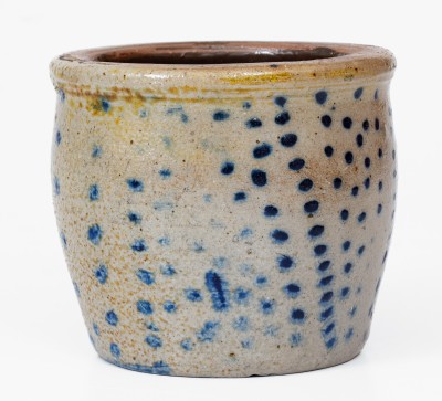 Rare Diminutive Ohio Stoneware Jar w/ Profuse Cobalt Spot Decoration