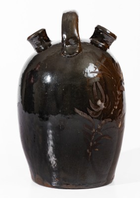 Extremely Rare Albany-Glazed Harvest Jug w/ White-Slip Floral Decoration, attrib. Hissong, Cassville, PA