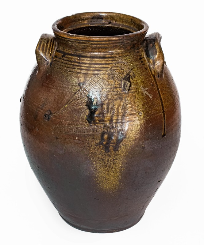 Outstanding Four-Gallon Chester Webster, Randolph Co, NC Stoneware Jar w/ Incised Bird and Dramatic Salt Glaze